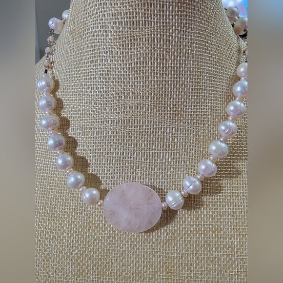 Keren Creations One Of A Kind Rose Quartz Glass Baroque Pearl Choker Necklace - Picture 3 of 9